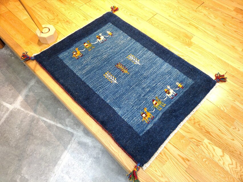 ハンドメイド ペルシャ ギャッベ 玄関マット ラグ 90x65cm 青色 紺色