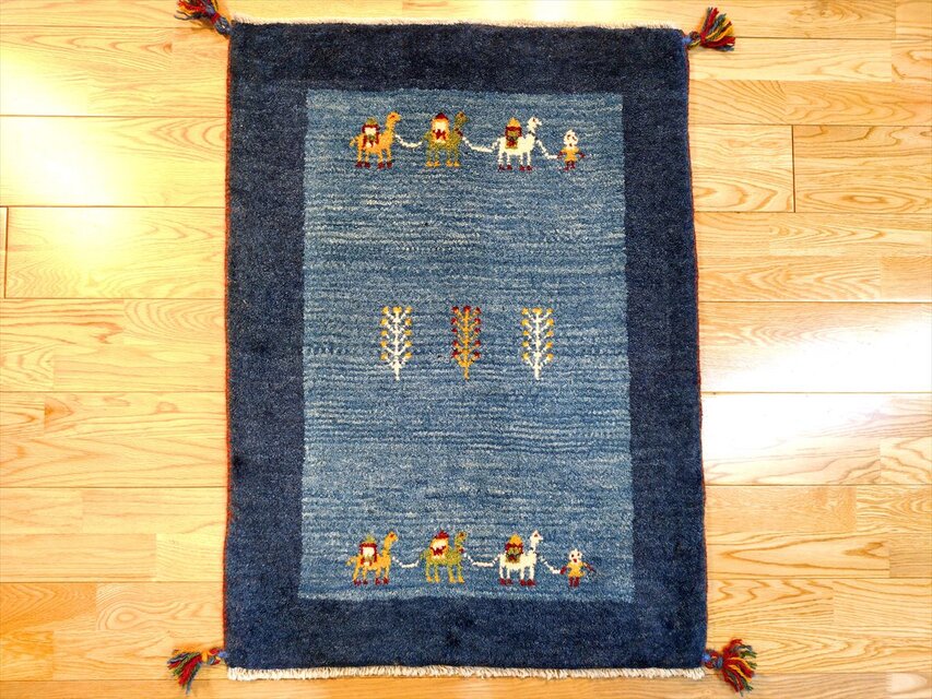 ハンドメイド ペルシャ ギャッベ 玄関マット ラグ 90x65cm 青色 紺色