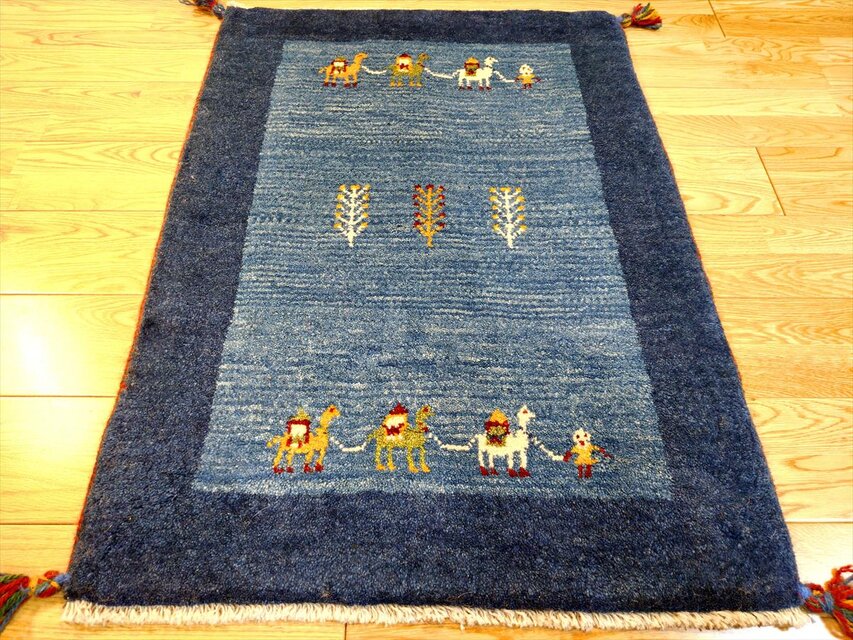 ハンドメイド ペルシャ ギャッベ 玄関マット ラグ 90x65cm 青色 紺色