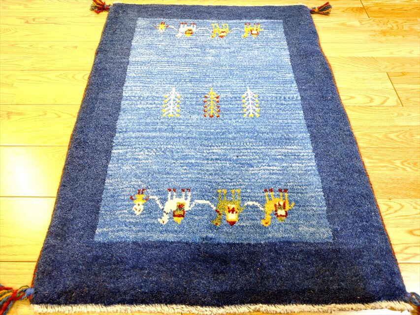 ハンドメイド ペルシャ ギャッベ 玄関マット ラグ 90x65cm 青色 紺色