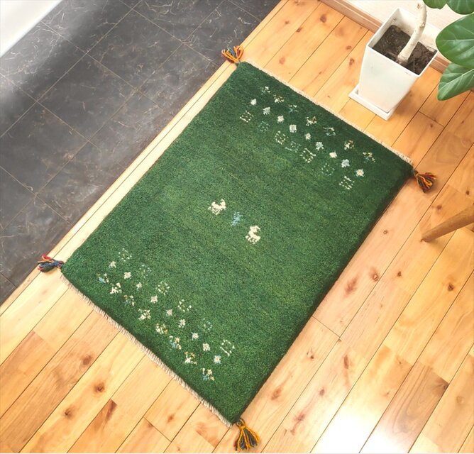 ハンドメイド ペルシャ ギャッベ 玄関マット ラグ 84x60㎝ 緑色 生命の
