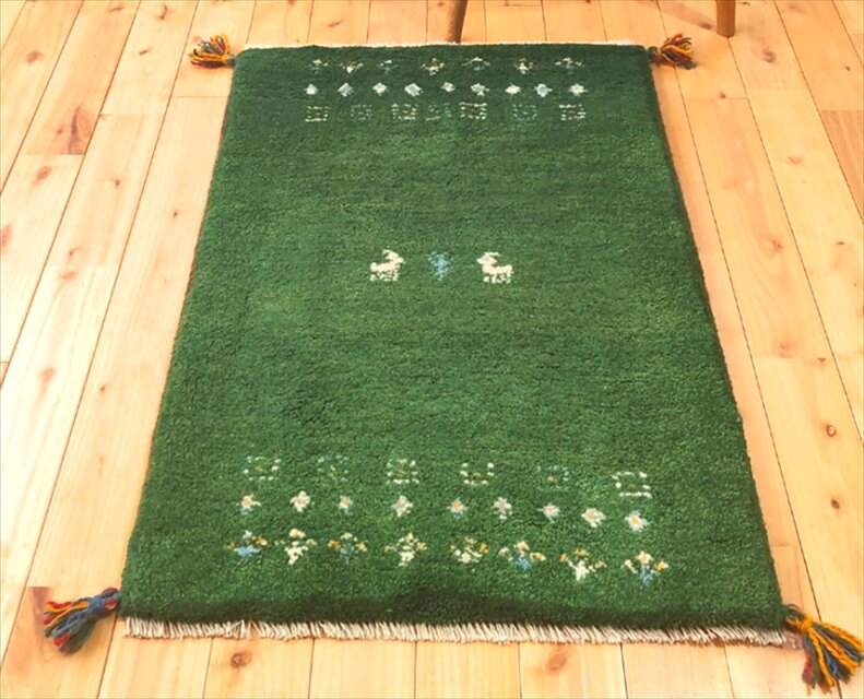 ハンドメイド ペルシャ ギャッベ 玄関マット ラグ 84x60㎝ 緑色 生命の