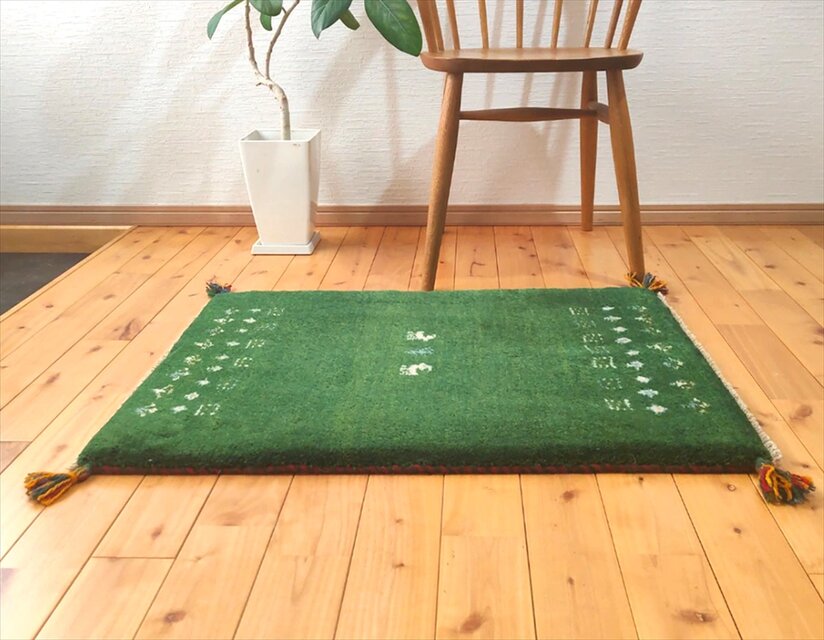 ハンドメイド ペルシャ ギャッベ 玄関マット ラグ 84x60㎝ 緑色 生命の
