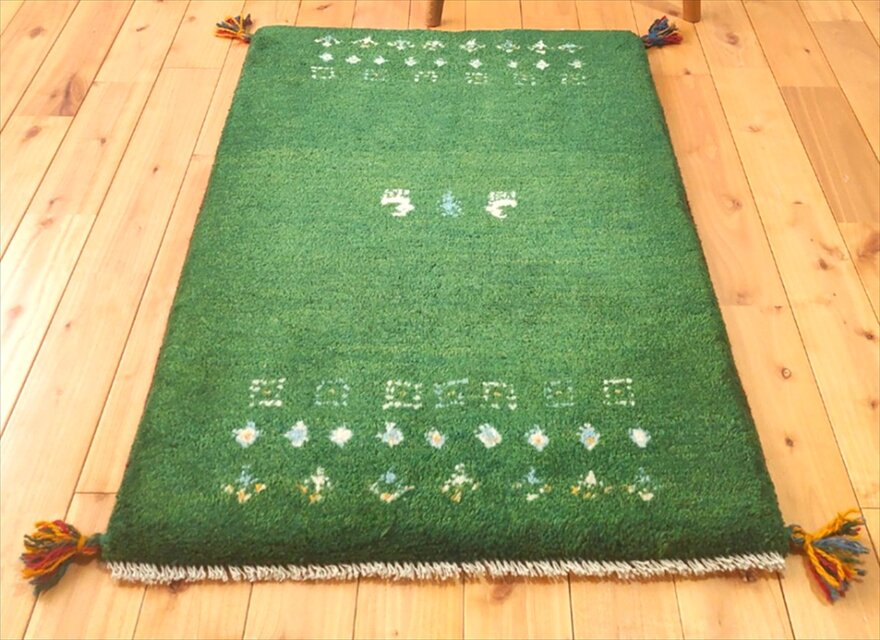 ハンドメイド ペルシャ ギャッベ 玄関マット ラグ 84x60㎝ 緑色 生命の