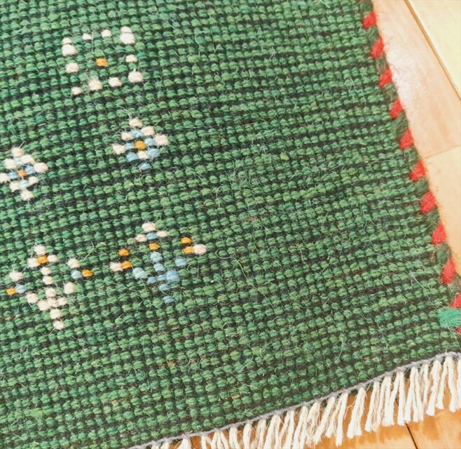 ハンドメイド ペルシャ ギャッベ 玄関マット ラグ 84x60㎝ 緑色 生命の