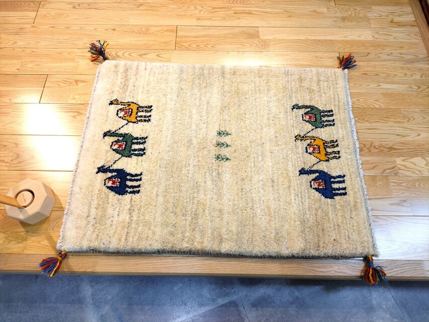 ハンドメイド 天然ウール ペルシャ ギャッベ 玄関マット ラグ 90x70
