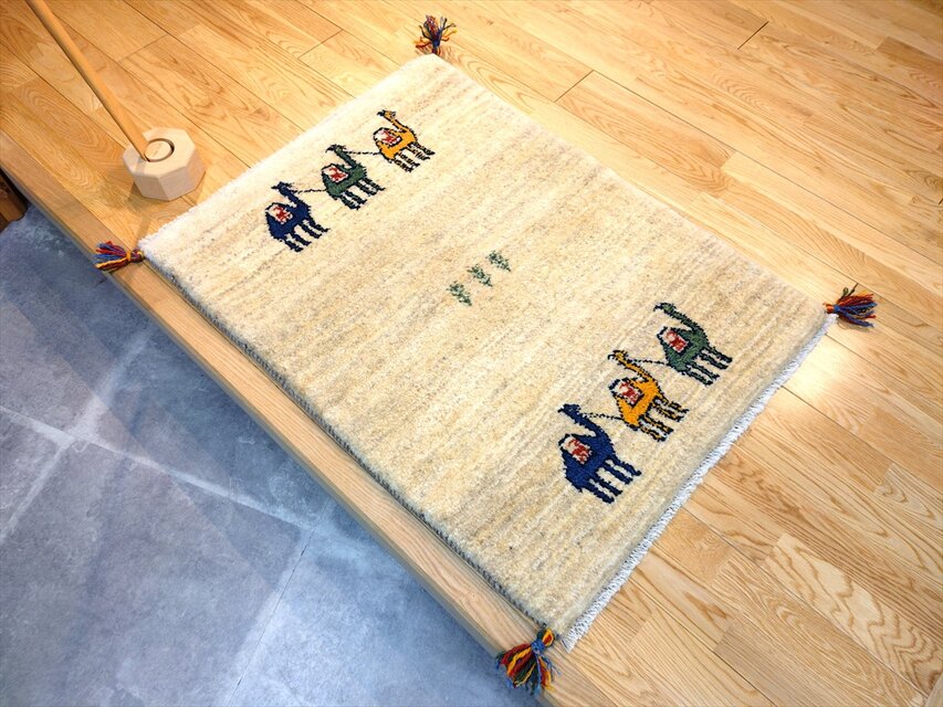 ハンドメイド 天然ウール ペルシャ ギャッベ 玄関マット ラグ 90x70