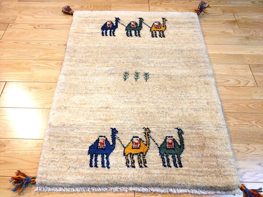 ハンドメイド 天然ウール ペルシャ ギャッベ 玄関マット ラグ 90x70