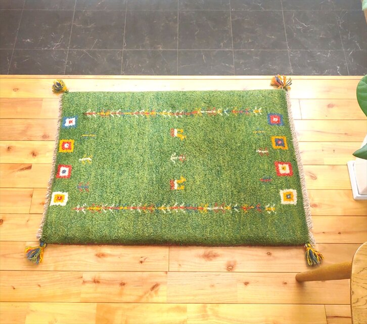 ハンドメイド ペルシャ ギャッベ 玄関マット ラグ 84x58㎝ 緑色 パネル