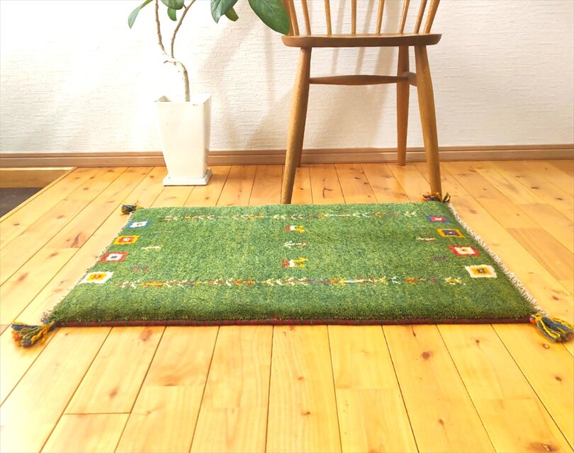 ハンドメイド ペルシャ ギャッベ 玄関マット ラグ 84x58㎝ 緑色 パネル