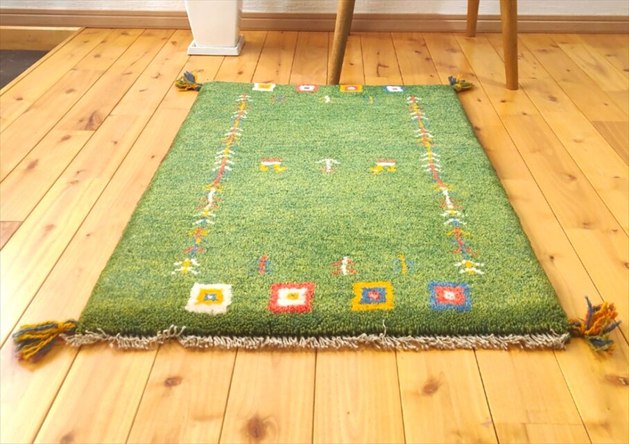 ハンドメイド ペルシャ ギャッベ 玄関マット ラグ 84x58㎝ 緑色 パネル