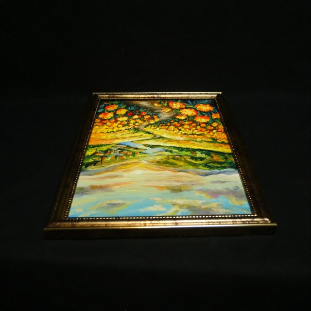 油彩画 原画『黄金に染まる至福の小道 〜マリーゴールドの郷愁〜』A4判