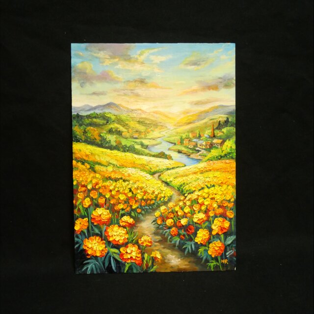 油彩画 原画『黄金に染まる至福の小道 〜マリーゴールドの郷愁〜』A4判