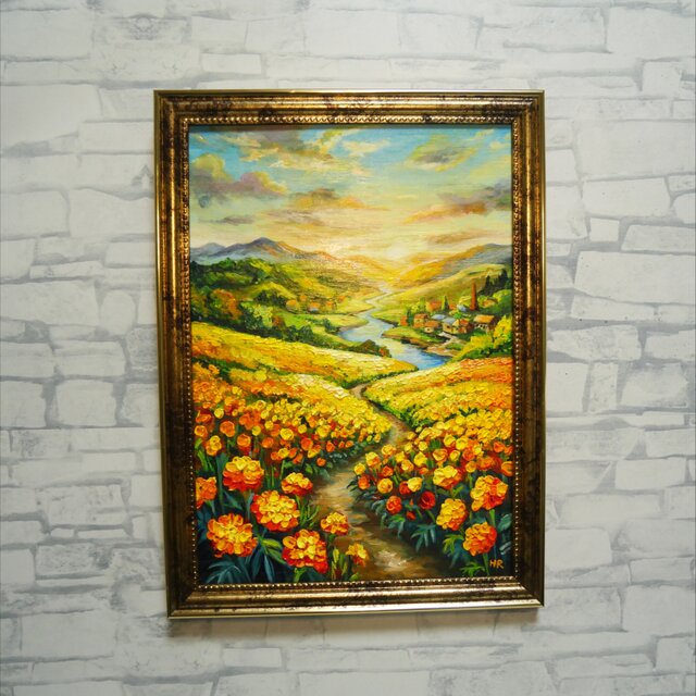 油彩画 原画『黄金に染まる至福の小道 〜マリーゴールドの郷愁〜』A4判