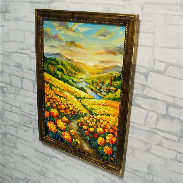 川辺の春野原　油彩画、ゴールド額付き 油彩画 原画『黄金に染まる至福の小道 〜マリーゴールドの郷愁〜』A4判