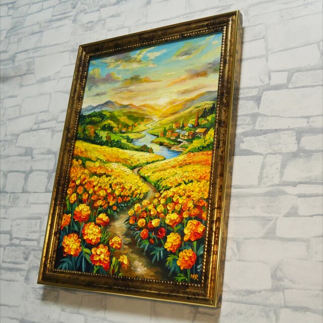 油彩画 原画『黄金に染まる至福の小道 〜マリーゴールドの郷愁〜』A4判 油彩画 原画『黄金に染まる至福の小道 〜マリーゴールドの郷愁〜』A4判