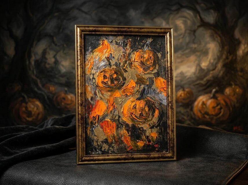 アンティーク　絵画　油絵　額付き　インテリア　装飾　1800年代　アメリカ 油絵/A4額付】夜を統べる金色のカボチャ＊ハロウィン絵画アンティーク