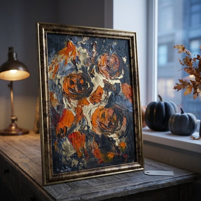 油絵/A4額付】夜を統べる金色のカボチャ＊ハロウィン絵画アンティーク