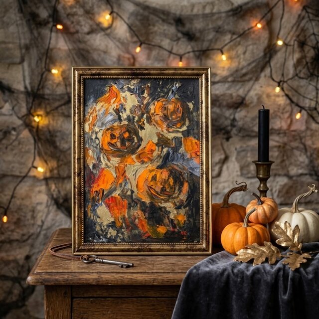 油絵/A4額付】夜を統べる金色のカボチャ＊ハロウィン絵画アンティーク