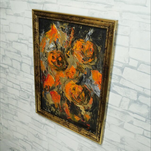 油絵/A4額付】夜を統べる金色のカボチャ＊ハロウィン絵画アンティーク