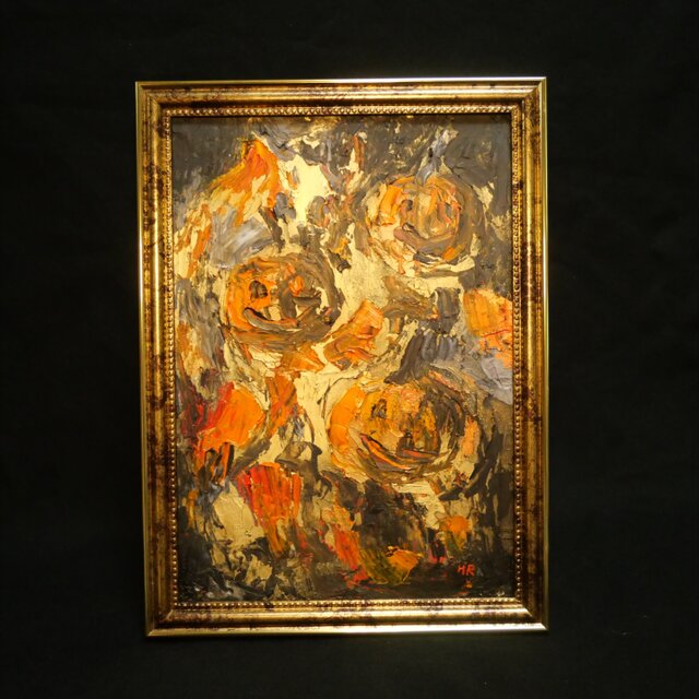 油絵/A4額付】夜を統べる金色のカボチャ＊ハロウィン絵画アンティーク
