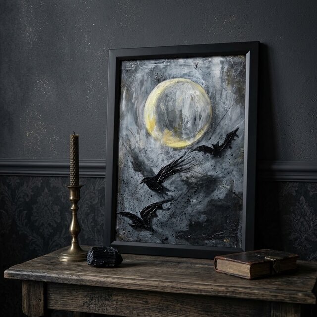 原画】油彩画 『Lunar Eclipse』 満月と漆黒の翼 | A4黒額縁・ギフト