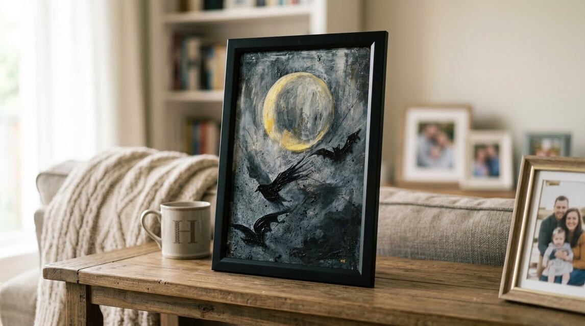 原画】油彩画 『Lunar Eclipse』 満月と漆黒の翼 | A4黒額縁・ギフト