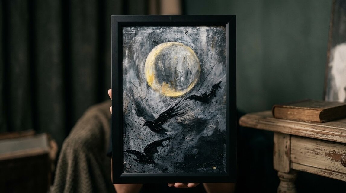 原画】油彩画 『Lunar Eclipse』 満月と漆黒の翼 | A4黒額縁・ギフト