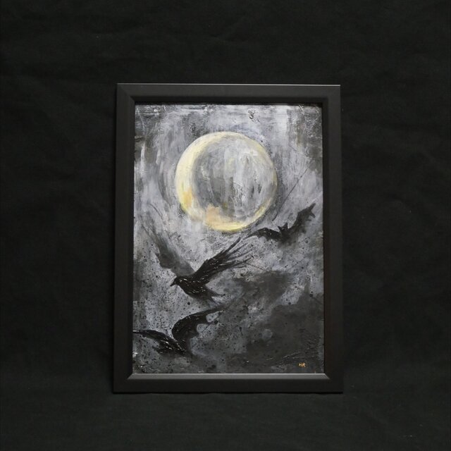 原画】油彩画 『Lunar Eclipse』 満月と漆黒の翼 | A4黒額縁・ギフト