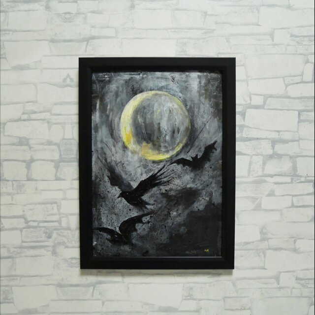 原画】油彩画 『Lunar Eclipse』 満月と漆黒の翼 | A4黒額縁・ギフト