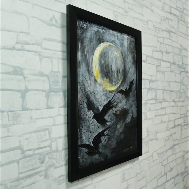 原画】油彩画 『Lunar Eclipse』 満月と漆黒の翼 | A4黒額縁・ギフト