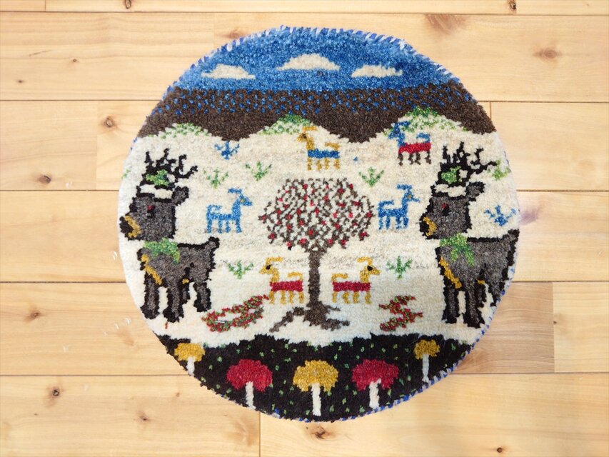 ☆彡ペルシャ手織りギャッベ ランナー 風景柄★★★ ハンドメイド ペルシャ ギャッベ アマレバフト 横39Φ39.5㎝ 円形 風景