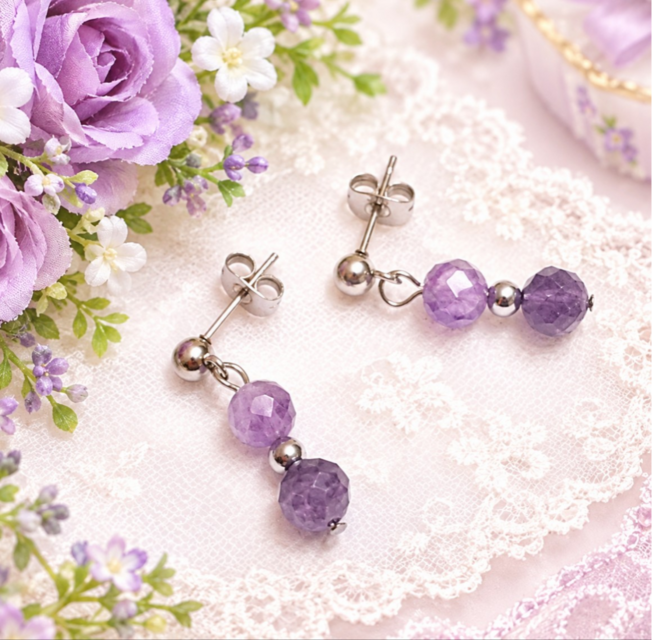 ハンドメイド アメシスト 天然石 ピアス 天然石＊アメジスト＊ピアス＊パワーストーンピアス＊サージカル
