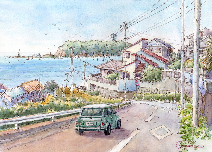 水彩画原画 江の島・七里ガ浜高台 ＃748 | iichi 日々の暮らしを
