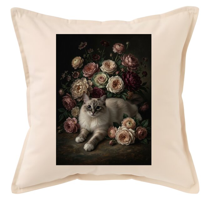 猫（ラグドール）クッション 45cm 花の油絵風カラーアート | iichi