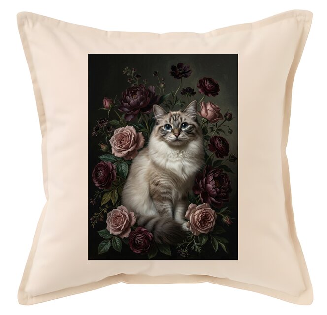 猫（ラグドール）クッション 45cm 花の油絵風カラーアート | iichi