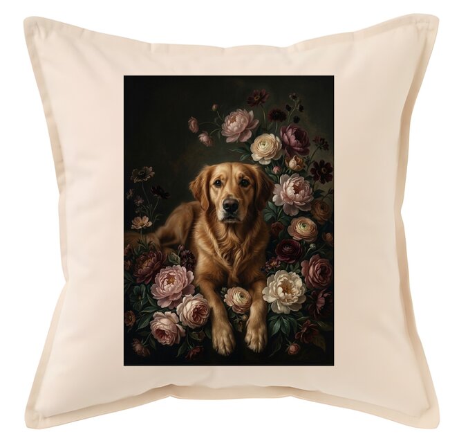 犬（ゴールデンレトリバー）クッション 45cm 花の油絵風カラーアート