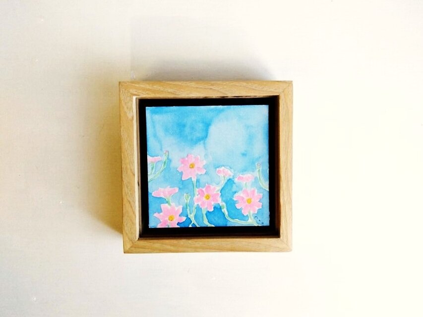 ミニ原画・額入り】「コスモス」※ボックス額（12㎝角）水彩画・花の絵