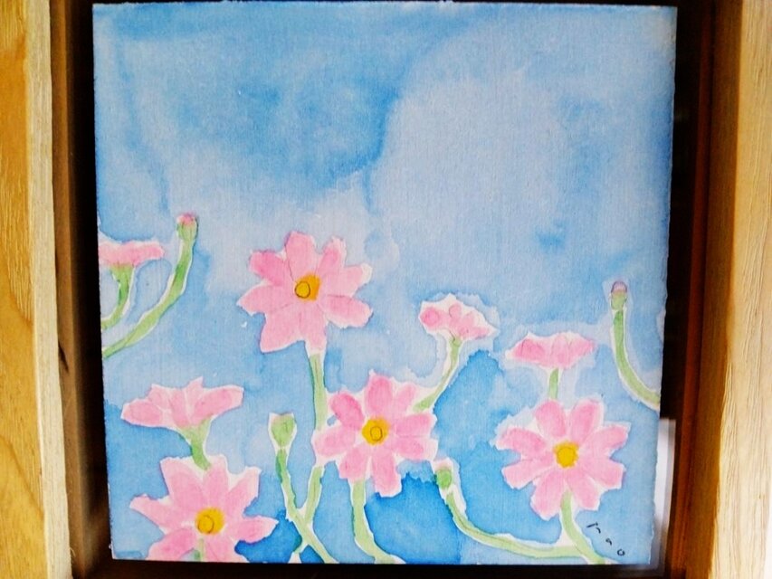 ミニ原画・額入り】「コスモス」※ボックス額（12㎝角）水彩画・花の絵
