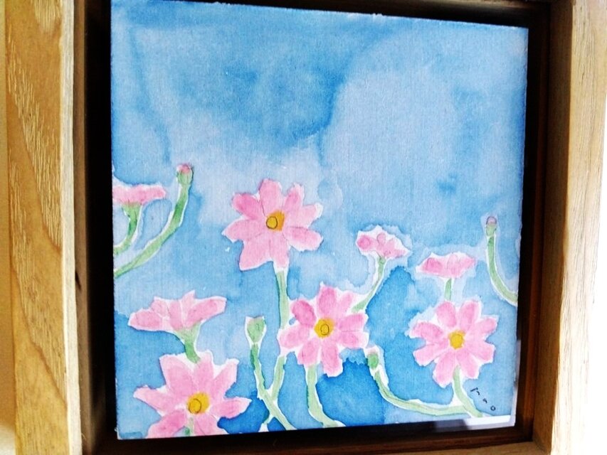 ミニ原画・額入り】「コスモス」※ボックス額（12㎝角）水彩画・花の絵