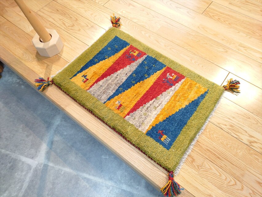 ハンドメイド」ペルシャ ギャッベ 玄関マット小 ラグ 58.5x41㎝ 緑色