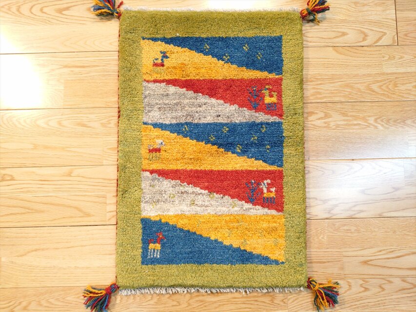 ハンドメイド」ペルシャ ギャッベ 玄関マット小 ラグ 58.5x41㎝ 緑色