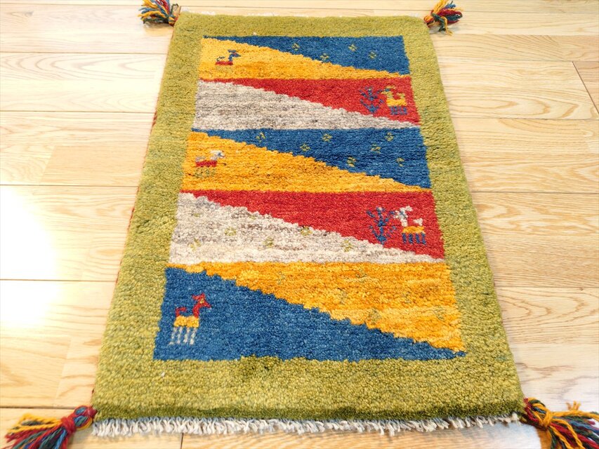 ハンドメイド」ペルシャ ギャッベ 玄関マット小 ラグ 58.5x41㎝ 緑色