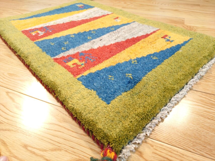 ハンドメイド」ペルシャ ギャッベ 玄関マット小 ラグ 58.5x41㎝ 緑色