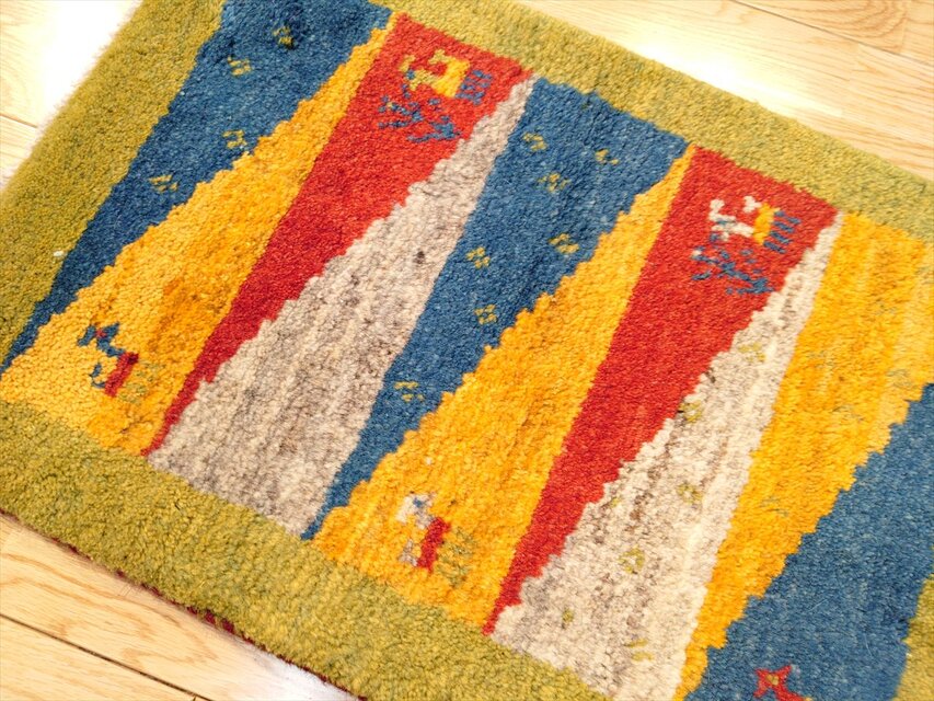 ハンドメイド」ペルシャ ギャッベ 玄関マット小 ラグ 58.5x41㎝ 緑色