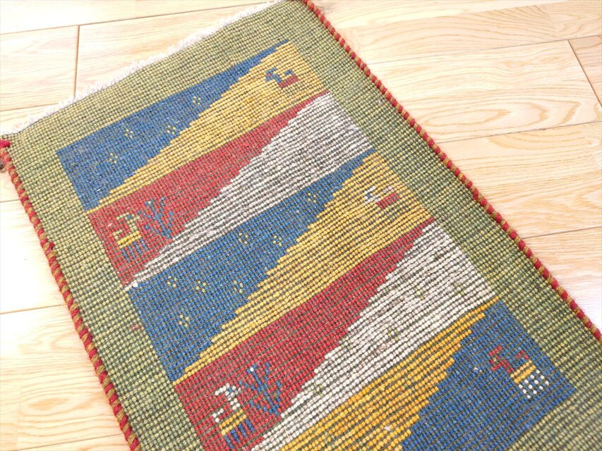 ハンドメイド」ペルシャ ギャッベ 玄関マット小 ラグ 58.5x41㎝ 緑色