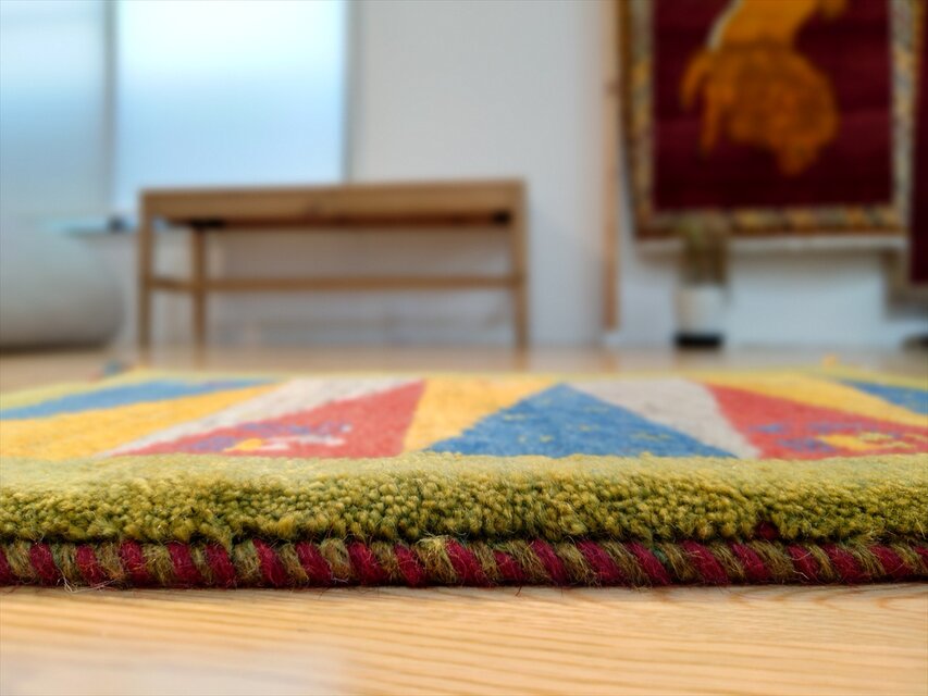 ハンドメイド」ペルシャ ギャッベ 玄関マット小 ラグ 58.5x41㎝ 緑色