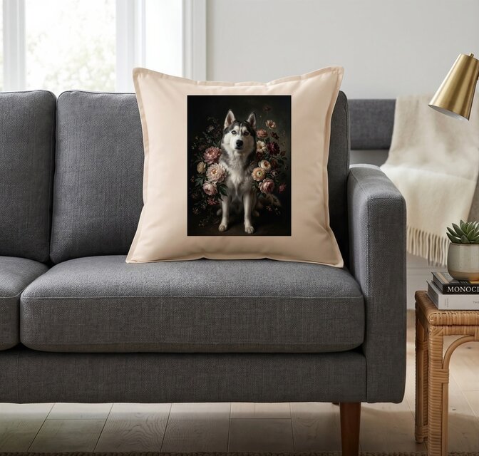 犬（シベリアンハスキー）クッション 45cm 花の油絵風カラーアート
