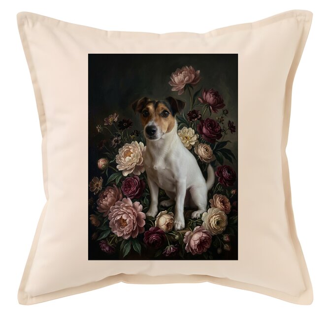 犬（ジャックラッセルテリア）クッション 45cm 花の油絵風カラーアート