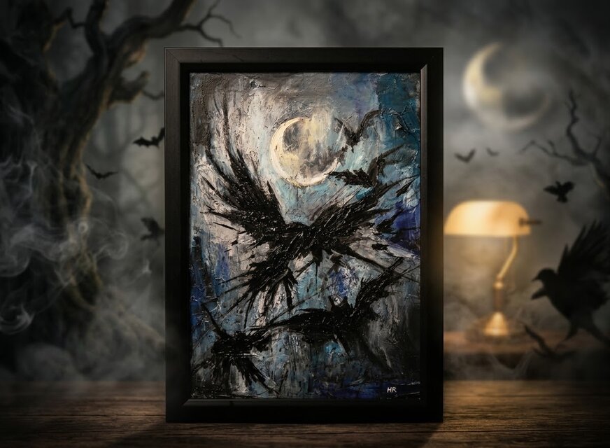 油絵 原画】朧月夜の狂詩曲 〜カラスと月のハロウィン〜（A4額縁